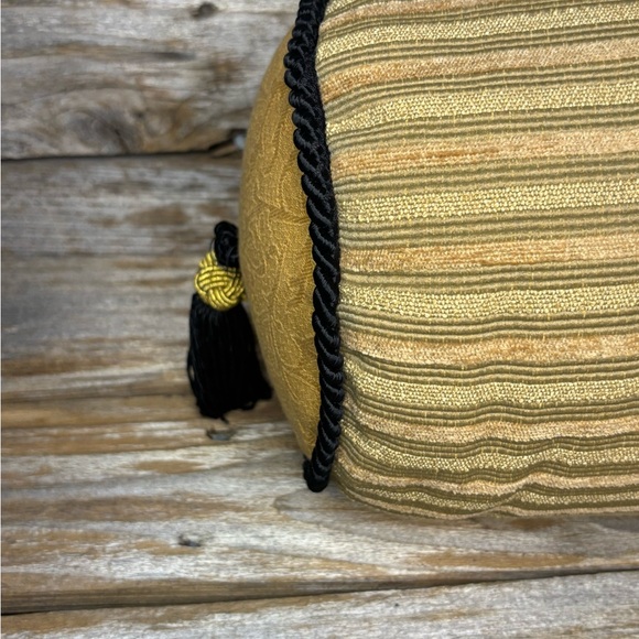 Decorative Round Lumbar Pillow Gold with Black Tassels Neck Roll - Picture 7 of 8